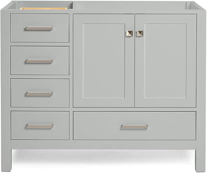 ARIEL Cambridge 42-inch Bathroom Vanity Base Cabinet,Solid Wood, 2 Soft Closing Doors, 5 Dovetail Drawers, Grey