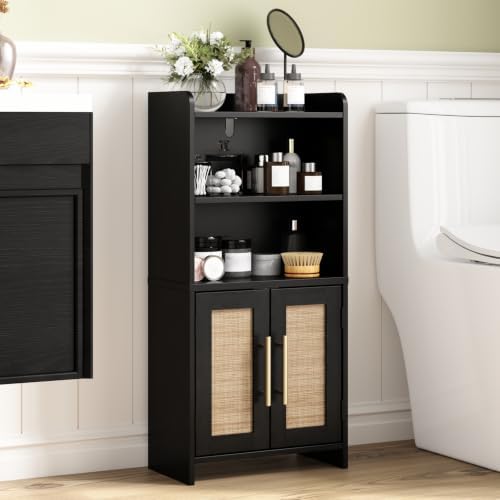 Small Bathroom Storage Cabinet with 2 Doors & Shelf,Rattan Black