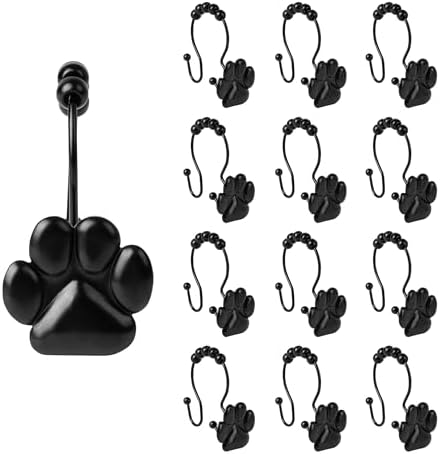 Sunlit Fashion Design Cute Paw Print Polished Double Shower Curtain Hooks for Dog Cat and Bear, Rust Proof Oil Metal Shower Curtain Rings, Black-12 Pack