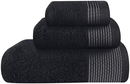 Belizzi Home Ultra Soft 3 Pack Cotton Towel Set, Contains a Bath Towel 28x55 inch, a Hand Towel 16x24 inch & a Wash Coth 12x12 inch, Ideal Everyday use, Compact & Lightweight -Black