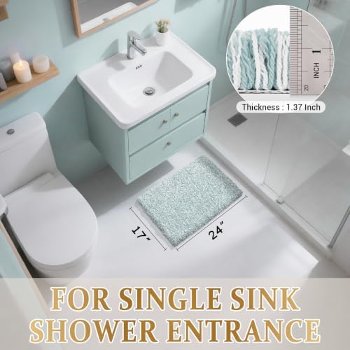 Yimobra Bathroom Rugs Non Slip Washable, Ultra Soft and Water Absorbent Bath Mats, Plush Fluffy Shower Mat Outside, Microfiber Thick Matts for Bathroom Floor/Sink, 24X17, Sky Light Blue and White