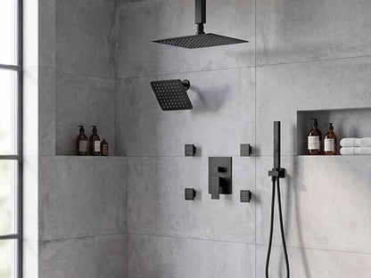 Shower System with Body Jets, Bostingner Four Modes Shower Faucet Sets with Handheld Spray 2 Ways, 4Pcs Shower Body Jets in Wall,10"+6" Rain Shower Head, Matte Black Shower Sets Complete