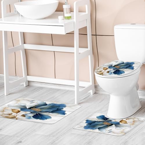 Blue Gold Floral Abstract Modern 4Pcs Bathroom Shower Curtain Set with Rugs