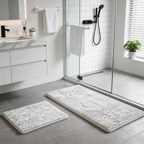 White Bathroom Rugs and Mats Set, 2 Piece Chenille Bath Mat Set, Machine Wash Dry, Non Slip Absorbent Shaggy Bath Rug for Bath Room, Shower and Tub (20" x 32"+16" x 24") Bathroom Rug St Accessories