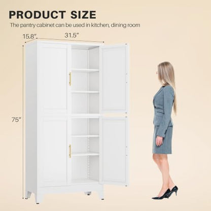 winiowa 75" Tall Kitchen Pantry Cabinet, Metal Storage Cabinet with Doors and Adjustable Shelves, White Freestanding Pantry Cabinet for Kitchen, Dining Room, Living Room, Laundry Room, Bathroom