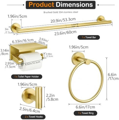 5 Pieces Bathroom Hardware Accessories Set Brushed Gold, 24Inch Bathroom Towel Rack Set SUS304 Stainless Steel, Round Toilet Paper Holder with Shelf Heavy Duty, Wall Mounted