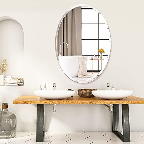 Oval Frameless Wall Mirror, 24 x 36 Inch, Beveled Edge Bathroom Mirror