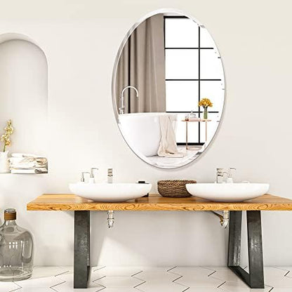 Oval Frameless Wall Mirror, 24 x 36 Inch, Beveled Edge Bathroom Mirror