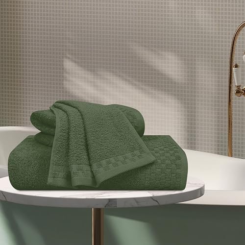 MyOwn Ultra Soft 3 Pack Cotton Towel Set, Contains a Bath Towels 28x55 inch, a Hand Towels 16x24 inch & a Wash Coths 12x12 inch, Ideal Everyday use, Compact & Lightweight - Olive Green