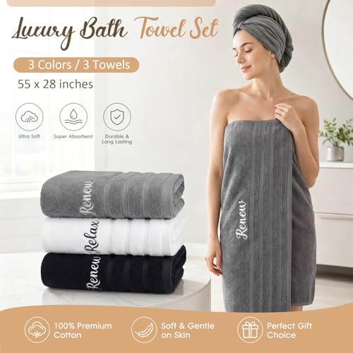 Tiamon 3 Pcs Bathroom Towel Decorative Set 100% Cotton Fluffy Bath Hand Towels for Guest Gifts Farmhouse Kitchen Hand Towels Home (Black, White, Gray,55 x 28 Inch,Relax Renew Refresh)