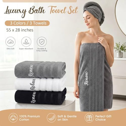 Tiamon 3 Pcs Bathroom Towel Decorative Set 100% Cotton Fluffy Bath Hand Towels for Guest Gifts Farmhouse Kitchen Hand Towels Home (Black, White, Gray,55 x 28 Inch,Relax Renew Refresh)
