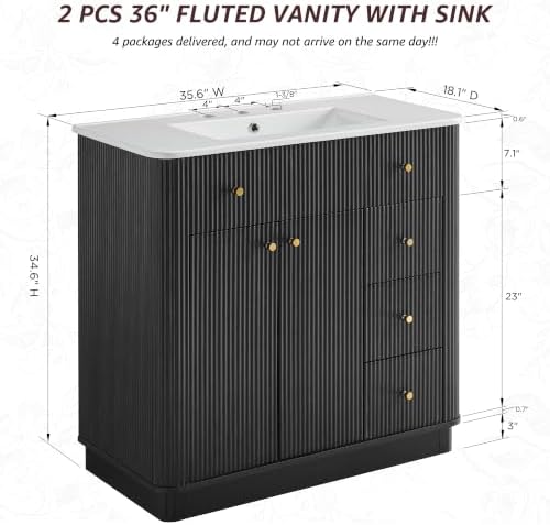 T4TREAM 72" Fluted Bathroom Vanity with 2 Single Sinks, Black Oak