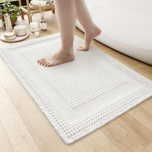 AMOAMI Waffle Bath Mat, Absorbent Bathroom Rugs Non Slip 18''x30'' White
