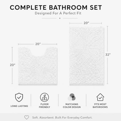 Bathroom Rugs Sets 2 Piece,Super Absorbent Soft,Thick,Machine Washable Chenille Bath Mat,Non Slip Toilet Floor Rug,Bath Mats for Bathroom,20x32 Plus 20x20 U Shape,White