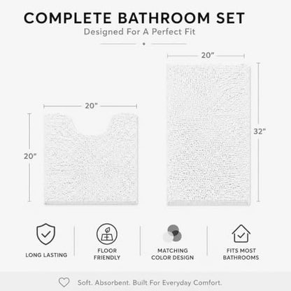 Bathroom Rugs Sets 2 Piece,Super Absorbent Soft,Thick,Machine Washable Chenille Bath Mat,Non Slip Toilet Floor Rug,Bath Mats for Bathroom,20x32 Plus 20x20 U Shape,White