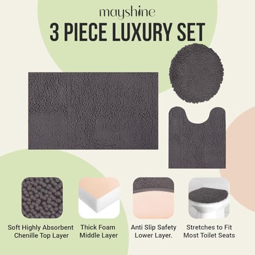 Standard 3pc Set Chenille Bath Mats, Includes 21"x24" U-Shaped Contour Toilet Rug, 21"x34" Inches Bathmat and 1 Toilet Lid Cover, Plush Absorbent Bath Mats Quick Dry, Chocolate Brown