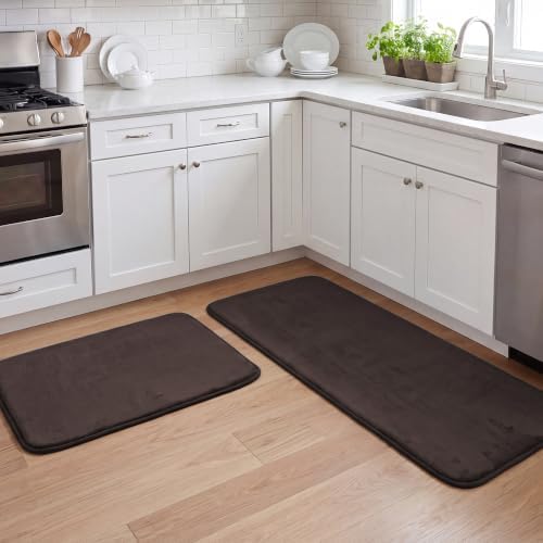 H.VERSAILTEX Kitchen Mat Non Slip Memory Foam Flannel Velvety Runner Rug Water Absorbent Soft Kitchen Rugs Set for Floor Standing Rugs(47" x 17" + 24" x 17", Brown)
