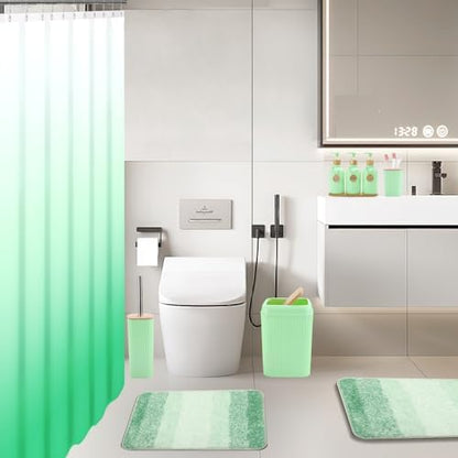 32PCS Green Bathroom Accessories Set with Shower Curtain,Rugs,Trash Can,3PCS Lotion Soap Dispenser, Toothbrush Holder, Soap Dish,Tumbler Cup,6PCS Wood Tags Bath Accessories with Tray for Bathroom