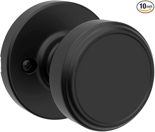 Kwikset Maven Dummy Door Knob, Single Sided Round Handle for Closets, French Double Doors, and Pantry, Matte Black Non-Turning Interior Push/Pull Door Knob, with Microban Protection (Pack of 10)