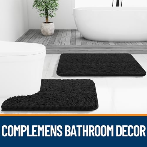 OLANLY Chenille Bathroom Rugs Mats Sets 2 Piece, 59"x20"+30"x20", Black