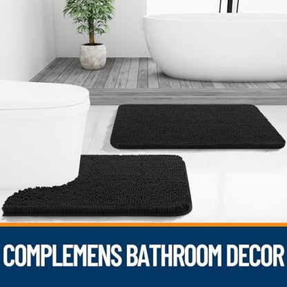 OLANLY Chenille Bathroom Rugs Mats Sets 2 Piece, 30"x20"+24"x16", Black
