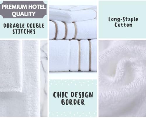 Bath Towels Set for Bathroom – Luxury 6-Piece Cotton Towels, Soft Absorbent & Quick Dry, 600 GSM Bath Towels for Bathroom, Hotel Spa Quality (White/Taupe, 6- Bath Towel Set)
