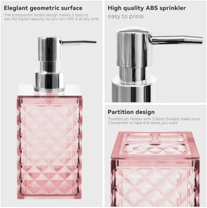 2 Piece Bathroom Accessory Set, Pink Soap Dispenser and Toothbrush Holder