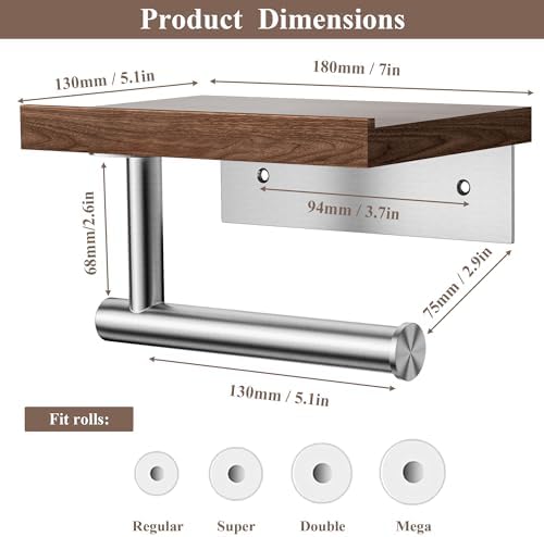 Tindbea Toilet Paper Holder with Wood Shelf, Wooden Wall Mount Tissue Paper Roll Holder, Brushed Nickel Stainless Steel Bathroom Accessories Decor Household Home Apartment Restroom Essentials (Walnut)