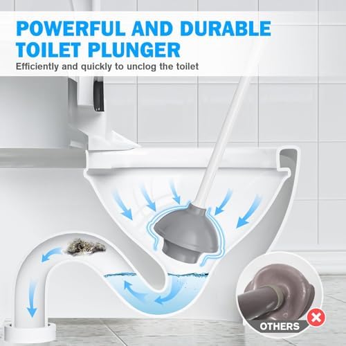Toilet Plunger and Brush Set, Bowl Brush and Heavy Duty Toilet Plunger with Ventilated Holder, 2-in-1 Toilet Brush and Plunger Combo for 5.3-inch Toilet Drain Bathroom Deeply Cleaning(White & Grey)