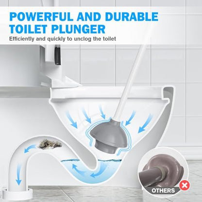 Toilet Plunger and Brush Set, Bowl Brush and Heavy Duty Toilet Plunger with Ventilated Holder, 2-in-1 Toilet Brush and Plunger Combo for 5.3-inch Toilet Drain Bathroom Deeply Cleaning(White & Grey)
