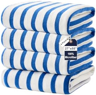 JML Microfiber Beach Towels, 4 Pack, 27" x 55", Cabana Stripe Dark Blue