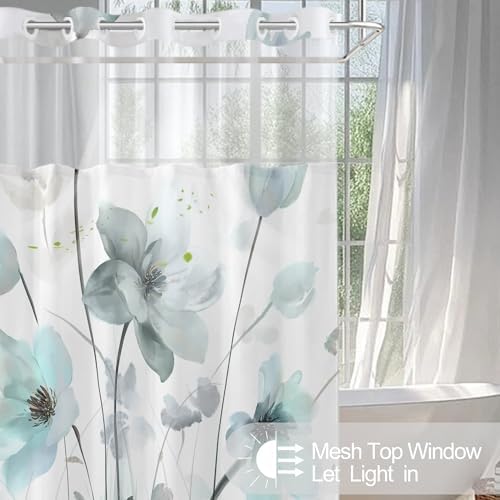No Hook Shower Curtain and Liner Set, Teal Blue Boho Floral 71x77