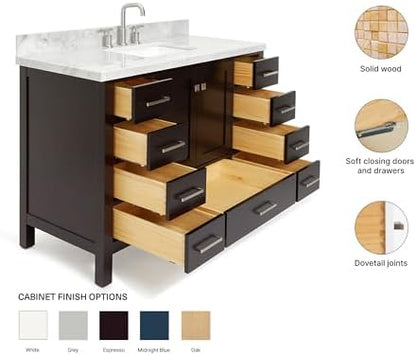 ARIEL Cambridge 48-inch Bathroom Vanity with Sink,Solid Wood, 1.5-inch Italian Carrara Marble Countertop, Single Rectangular Porcelain Sink, 2 Soft Closing Doors, 9 Dovetail Drawers, Espresso