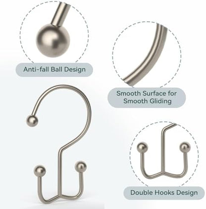 Goowin Shower Curtain Hooks, 12 Pcs Shower Curtain Rings, Durable Shower Curtain Rings Rust Proof, Double Glide Shower Rings for Curtain, Simple Shower Hooks for Shower Curtain & Liner, Matte Nickel