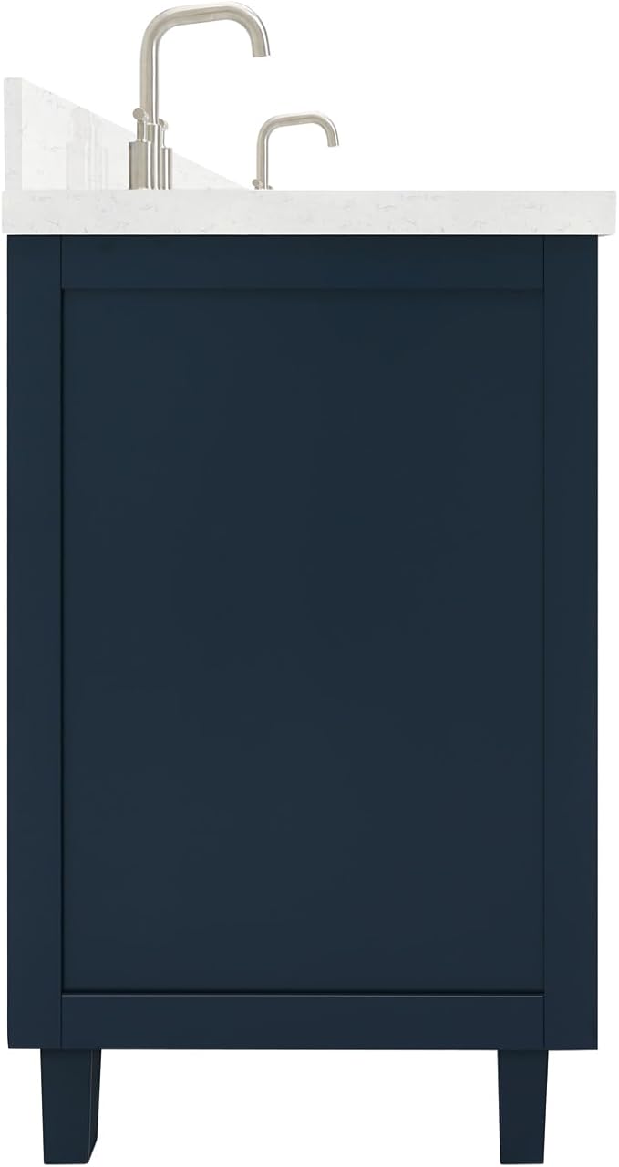 ARIEL Monroe 66-inch Bathroom Vanity with Sink,Solid Wood, 1.5-inch Carrara White Quartz Countertop & Backsplash, Double Oval Porcelain Sink, 9 Dovetail Drawers, Brushed Nickel, Midnight Blue
