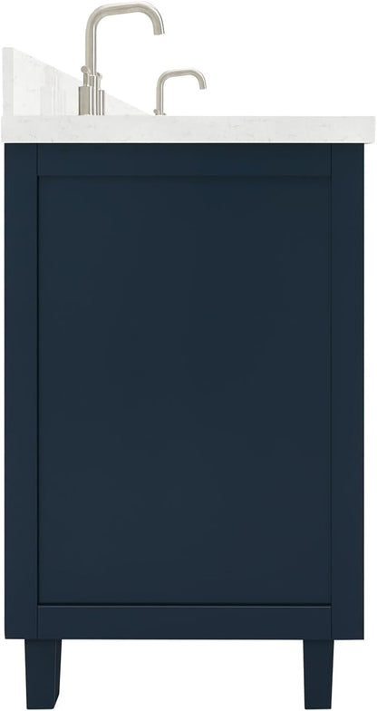 ARIEL Monroe 66-inch Bathroom Vanity with Sink,Solid Wood, 1.5-inch Carrara White Quartz Countertop & Backsplash, Double Oval Porcelain Sink, 9 Dovetail Drawers, Brushed Nickel, Midnight Blue