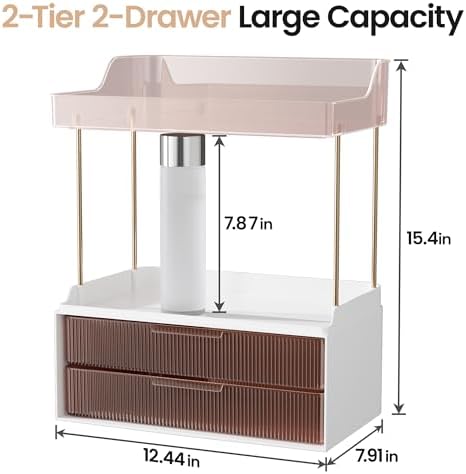 Delamu 4-Tier Makeup Organizer, Bathroom Counter, 2 Drawers, Grapefruit