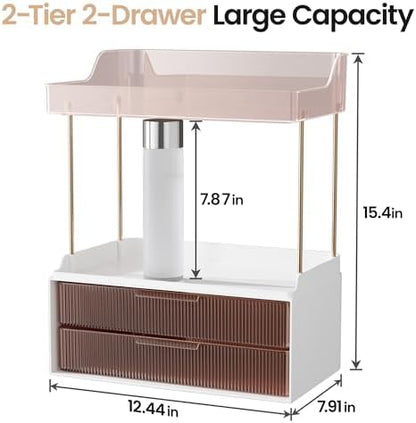 Delamu 4-Tier Makeup Organizer, Bathroom Counter, 2 Drawers, Grapefruit