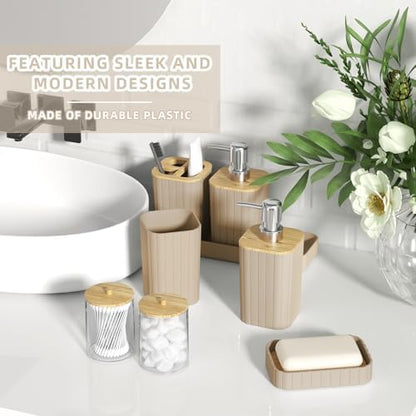 XLHOMO Bathroom Accessories Set - Elegant Beige Bathroom Set, 10PC Bathroom Accessory Set, Toilet Brush, Bathroom Trash Can