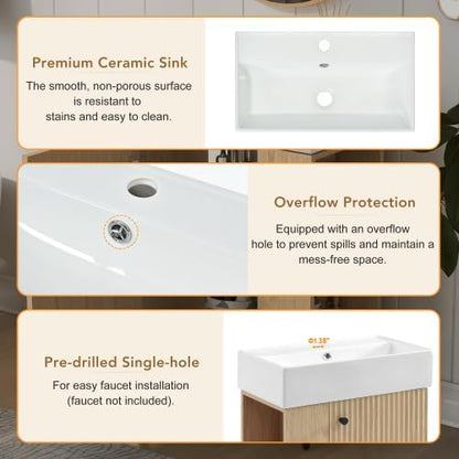 BNSPLY 22 Inch Floating Bathroom Vanity with Sink, Wall Mounted Bathroom Vanity Cabinet with Ceramic Sink, Modern Single Basin Vanities, Small Restroom Basin Cabinet with Left Side Storage, Wood