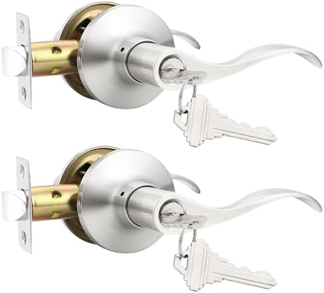 GOBEKOR Entry Door Handles with Lock and Same Keys, Brushed Nickel Keyed Aliked Entry Door Lock Sets for Exterior & Interior Doors, Reversible Door Levers for Bedroom Bathroom, 2 Pack