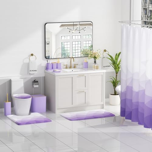 XLHOMO Bathroom Accessory Set - 26PC Bathroom Shower Curtain and Rug Set, Bathroom Accessories Set, Purple Bathroom Set with Trash Can, Toilet Brush, Qtip Holder & Soap Dispenser
