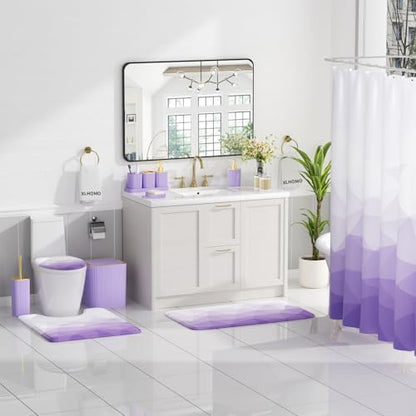 XLHOMO Bathroom Accessory Set - 26PC Bathroom Shower Curtain and Rug Set, Bathroom Accessories Set, Purple Bathroom Set with Trash Can, Toilet Brush, Qtip Holder & Soap Dispenser