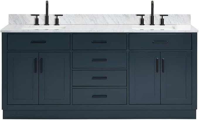 ARIEL Hepburn 72-inch Bathroom Vanity with Sink,Solid Wood, 0.75-inch Italian Carrara Marble Countertop, Double Rectangular Porcelain Sink, 4 Soft Closing Doors, 6 Dovetail Drawers, Midnight Blue