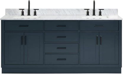 ARIEL Hepburn 72-inch Bathroom Vanity with Sink,Solid Wood, 0.75-inch Italian Carrara Marble Countertop, Double Rectangular Porcelain Sink, 4 Soft Closing Doors, 6 Dovetail Drawers, Midnight Blue