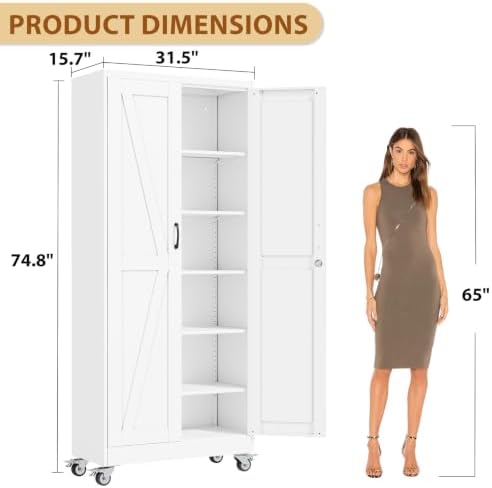 75" Metal Garage Storage Locker Cabinet with Wheels,Rolling White Farmhouse Kitchen Pantry Cabinet with 2 Doors and 5 Adjustable Shelves, Steel File Tool Cabinet for Home Office Warehouse