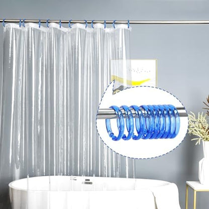 Blue Shower Curtain Hooks - 12 Pcs Circular Plastic Shower Curtain Rings for Bathroom - O Shaped Transparent Blue Shower Hooks Rings for Shower Curtain Rod