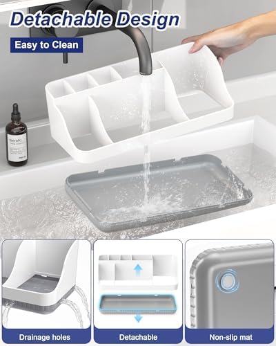 Bathroom Counter Organizer and Storage with 2 Pack Qtip Holder Dispenser, 7 Slots Detachable Toothbrush Holders for Bathrooms, Anti-Slip Electric Toothbrush and Toothpaste Holder Countertop