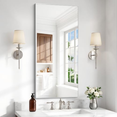 BONEWEI Silver Bathroom Mirror,18x36 inch Wall Mirror for Bathroom Wall Mounted,Rectangle Mirror for Bathroom Over Sink,Modern Metal Frame for Living Room,Bedroom Entryway,Horizontal/Vertical