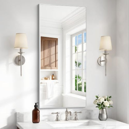 BONEWEI Silver Bathroom Mirror,18x36 inch Wall Mirror for Bathroom Wall Mounted,Rectangle Mirror for Bathroom Over Sink,Modern Metal Frame for Living Room,Bedroom Entryway,Horizontal/Vertical